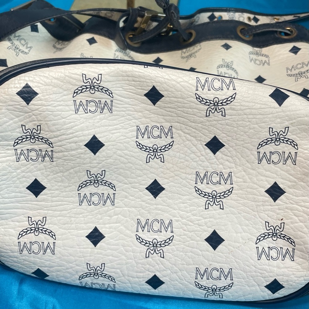 MCM White and Blue Monogram Drawstring Bucket Shoulder Bag - Picture 7 of 14
